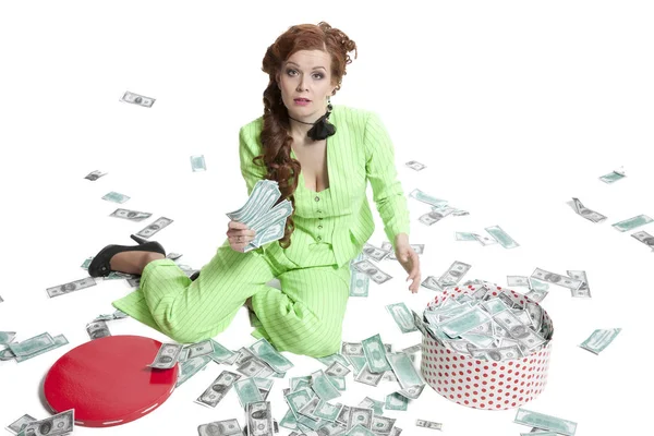 Happy woman with pile of dollars — Stock Photo, Image