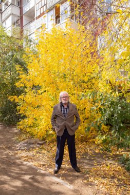 Zarif giyimli büyükbaba sonbahar ormanında parlak sarı ağaçların arasında yürüyor.