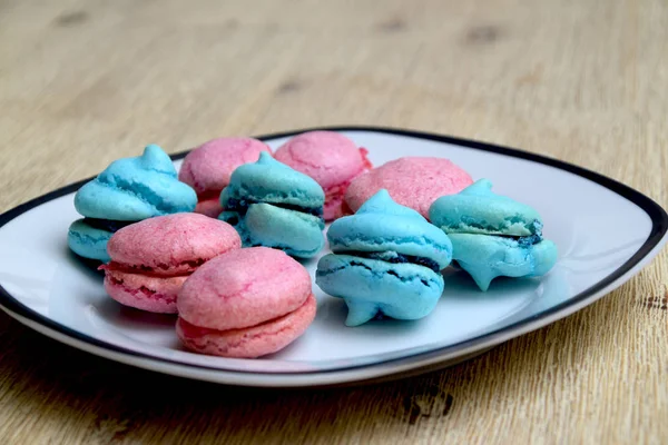 Pink Blue French Macarons Raspberry Blueberry Filling Plate — Stock Photo, Image