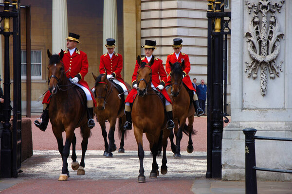 Royal horsemen at queens birthday celebration rehearsal 2019. Buckingham palace. London UK.