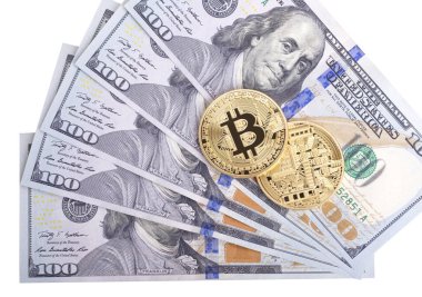 Amerikan dolarlarında altın Bitcoinler. Elektronik para değişimi kavramı