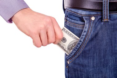 Beyaz adam izole bir cep kot dolar alarak adam
