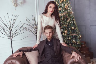 Noel dekore edilmiş iç kanepe oturma sevimli güzel genç Çift