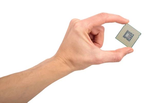 Mão Homem Segurando Processador Computador Isolado Fundo Branco — Fotografia de Stock