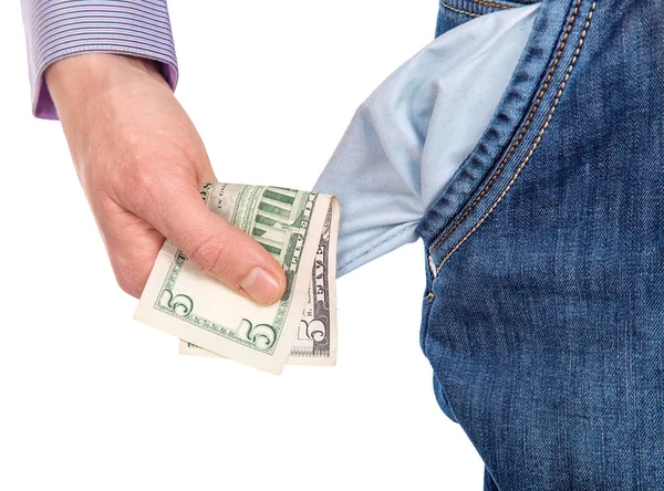 Man Nemen Vijf Dollars Uit Een Zak Broek Geïsoleerd Een — Stockfoto