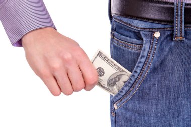 Beyaz adam izole bir cep kot dolar alarak adam