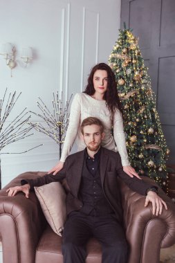 Noel dekore edilmiş iç kanepe oturma sevimli güzel genç Çift