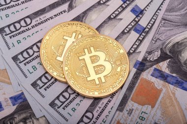 İki altın Bitcoins bize dolar. Elektronik para Satım kavramı