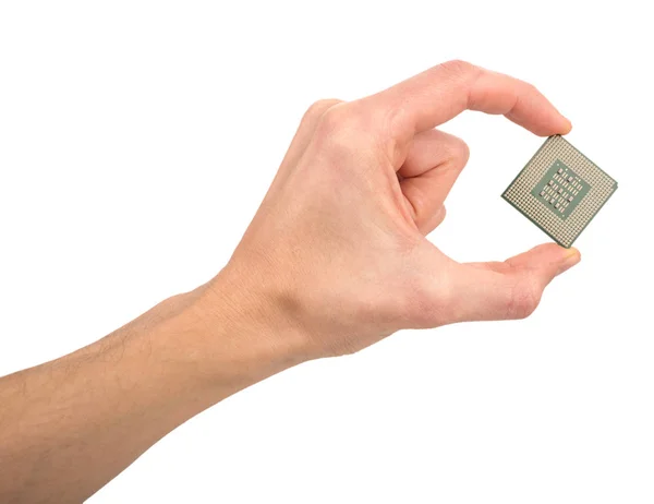 Ręka Mężczyzny Trzymając Komputer Procesor Białym Tle — Zdjęcie stockowe