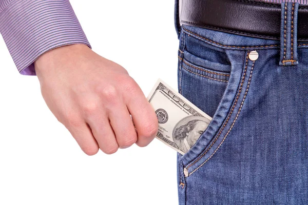Homem Tirando Dólares Jeans Bolso Isolado Backgroun Branco — Fotografia de Stock