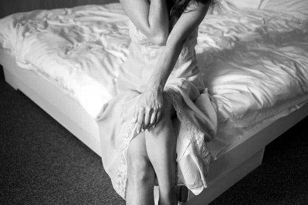 Beautiful Cheerful Pensive Happy Woman Nightie Sitting Bed Cling Knee — Stock Photo, Image