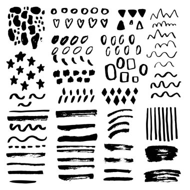 Vektör set siyah mürekkep izleri fırça dokulu soyut grunge lekeleri, kriz, çizik. Oda tasarımları kartpostallar, afiş, kartları, arka planlar, dekorasyon doğum günü için beyaz öğeler üzerinde izole, evlat