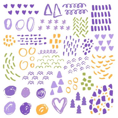 Vektör set dokulu soyut lekeler, kontur, renk pastel minimalizm fırça izleri. Oda tasarımları kartpostallar, afiş, kartları, arka planlar, dekorasyon doğum günü için beyaz öğeler üzerinde izole, evlat