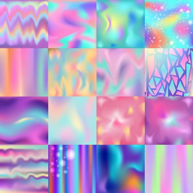 Holografik arka planlar kümesi. Hologram kartları, el ilanları, afişler için modern modern tasarım oluşturmak için.