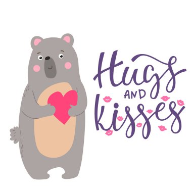 Çizgi film karakteri ayı, beyaz arka plan üzerinde izole el yazısı hat metinle yazı ile Sevgililer günü kartı. Vektör çizim için Sevgililer günü davetiye, posterler, tasarım