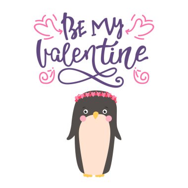 Penguen ve beyaz arka plan üzerinde izole el yazısı hat metinle yazı ile Sevgililer günü kartı. Vektör çizim