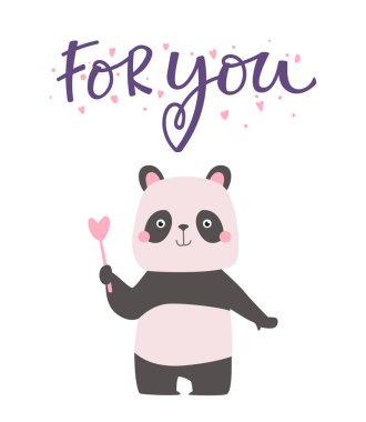 Panda ve beyaz arka plan üzerinde izole el yazısı hat metinle yazı ile Sevgililer günü kartı. Vektör çizim