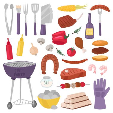 Barbekü çizgi film dizi araçları, bıçak, ızgara, et, sebze, ketçap, kömür, odun. El çizimi sketch vektör illüstrasyon izole poster, kart, rozet, baskı, serin için beyaz arka plan üzerinde ambalaj