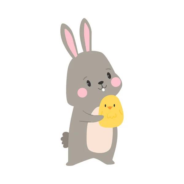 Vector Cartoon Illustration Cute Rabbit Bunny Chicken Present Card Posters — Stock Vector