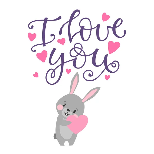 Valentine Card Cartoon Character Rabbit Bunny Lettering Handwritten Calligraphy Text — Stock Vector