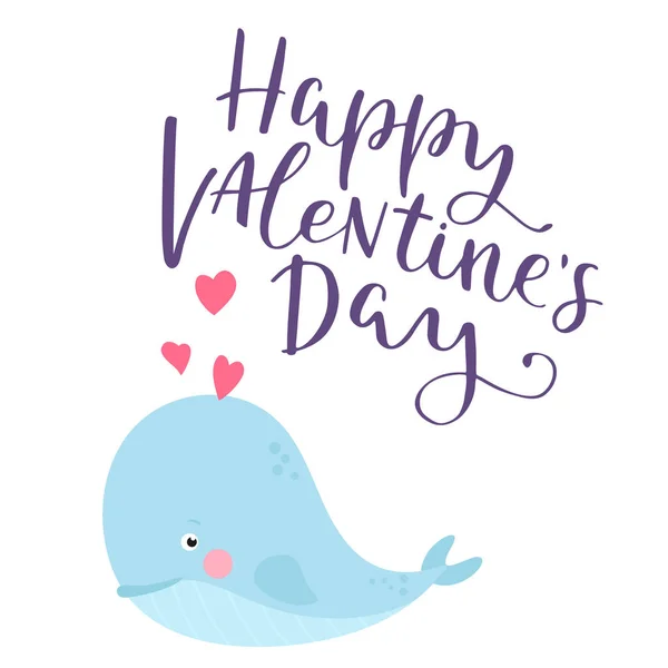 Biglietto San Valentino Con Personaggio Dei Cartoni Animati Balena Lettering — Vettoriale Stock