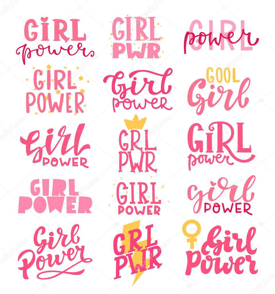 Vector illustration set of girl power lettering. Cute art with graphic slogan, quote, phrases for card, posters, decor.