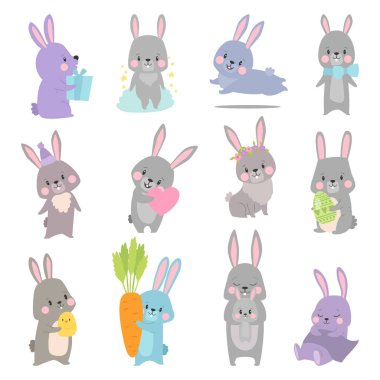 Sevimli tavşan ve bunny havuç, yay, Paskalya yumurtası, kalp, tavuk, kart, posterler mevcut ile karikatür çizimi vektör ayarla.