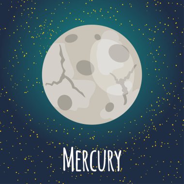Düz çizgi film tarzı Mercury gezegen illüstrasyon vektör. Çocuk odası, eğitim için poster. ? ard bileşimi gezegenler, yıldızlar, kuyruklu yıldızlar, takımyıldızları, uzay gemisi