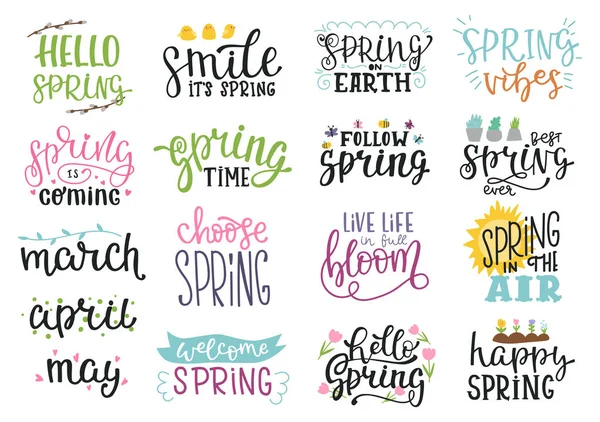 Ilustración Vectorial Letras Primavera Conjunto Aislado Con Elementos Decorativos Sol — Vector de stock