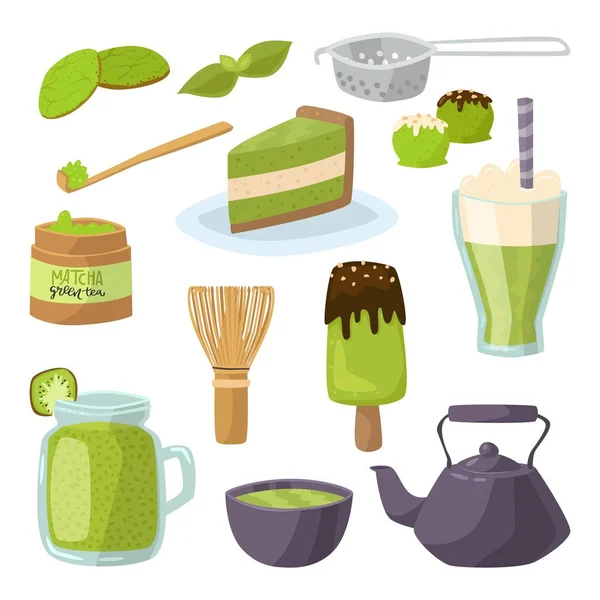 Matcha Cartoon Set Spoon Whisk Chasen Green Tea Latter Cup — Stock Vector