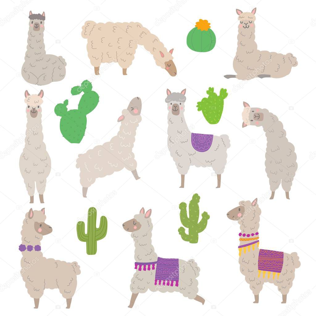 Vector set characters of cute llamas. Hand drawn style alpaca illustration for card, posters, invitations, children room, mexican decoration