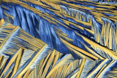 Fotoğraf mikroskop kükürt eritme büyüyen kristaller aracılığıyla. Polarize ışık teknolojisi.