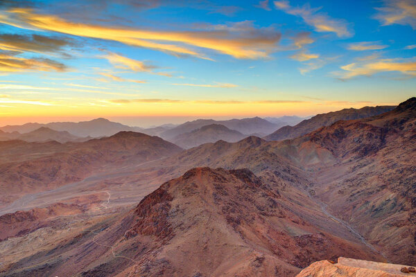 Aerial view of Sinai mountains in Egypt from Mount Moses at sunrise.