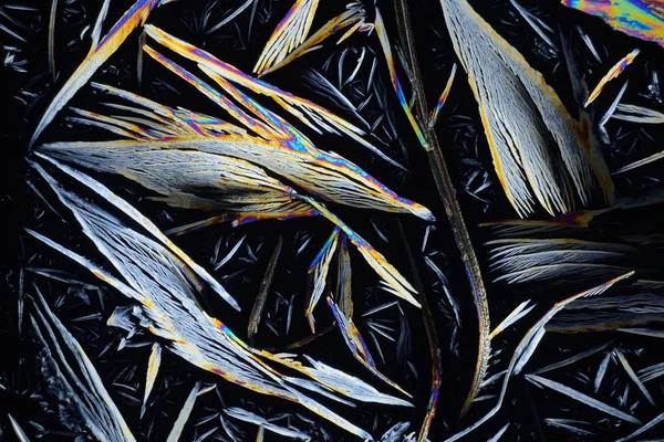Foto Genom Ett Mikroskop Kristaller Som Vuxit Från Lösning Bensoesyra — Stockfoto