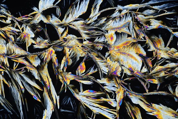 Foto Přes Mikroskop Krystaly Roztoku Kyseliny Benzoové Alkoholu Polarizované Světlo — Stock fotografie