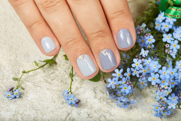 Hand with short manicured nails colored with gray nail polish and forget me not flowers