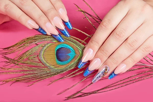 Mãos Com Longo Azul Artificial Francês Manicured Unhas Penas Pavão — Fotografia de Stock