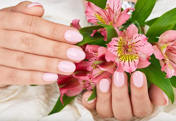 Hands with short manicured nails colored with pink nail polish and lily flowers. Healthy lifestyle