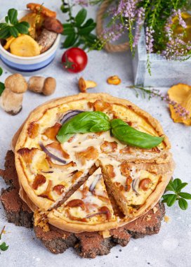 Tavuk eti, orman mantarı, soğan ve peynir ile Quiche açık tart pasta 