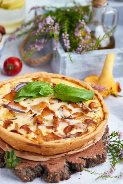 Tavuk eti, orman mantarı, soğan ve peynir ile Quiche açık tart pasta 