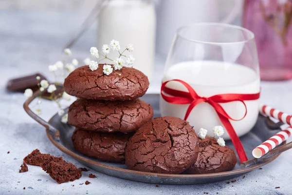 Chocolate Brownie Cookies Served Glass Milk — Stock Photo, Image