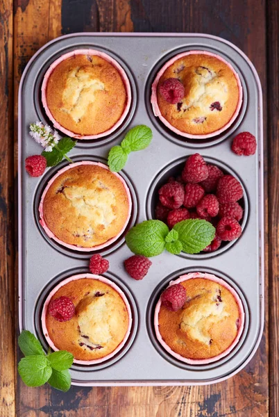 Muffins Com Framboesas Deliciosa Sobremesa Doce Caseira Pausa Para Café — Fotografia de Stock