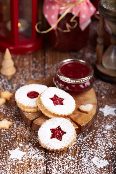 Linzer Christmas Cookies Raspberry Jam Sugar Powder Delicious Biscuits Sweet — Stock Photo, Image