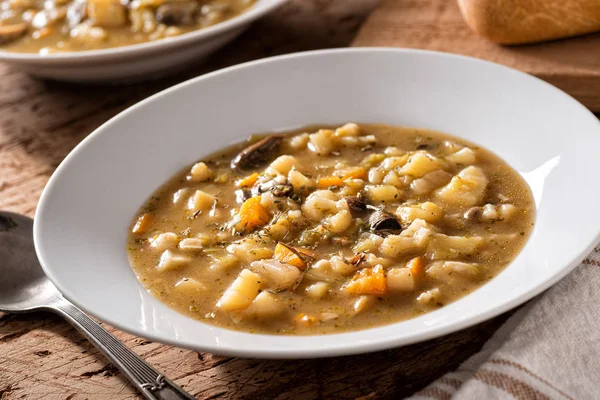 Bowl Delicious Wild Mushroom Potato Soup Root Vegetables — Stock Photo, Image