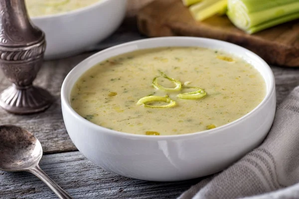 Bowl Delicious Hot Cream Leek Soup Rustic Table Top — Stock Photo, Image