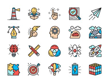 Yaratıcı ve ilham düz renkli simgeler kümesi. Bilgisayar grafiği, sanat, kağıt uçak, denetim listesi, yenilik, deniz feneri, rubiks küp, pil, hava balonu, hedef, bulmaca, roket, başlangıç, atom, renk paleti, proje, dağ ve daha fazla.