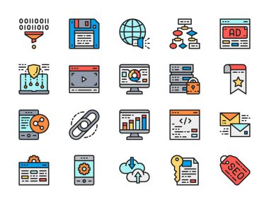 Seo ve pazarlama düz renkli simgeler kümesi. Arama motoru optimizasyonu, yer imi, barındırma, video oynatıcı, reklam, sosyal medya, filtre, veri aktarımı, Internet geliştirme, kodlama, köprü ve daha fazla.