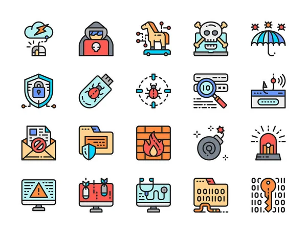 Set Hacking Cyber Security Flat Color Line Icons Hacker Attack — Stock Photo, Image