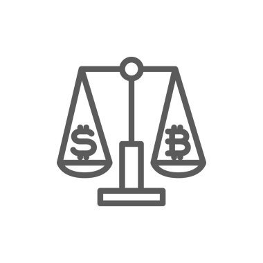 Dolar ve bitcoin pullarla imzalayın, kripto sikke, cryptocurrency Satım satırı simgesi.