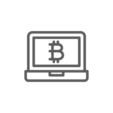 Dizüstü ekran bitcoin işareti, blockchain satırı simgesi.